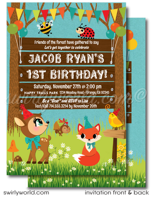 Dive into enchantment with our Woodland Forest Theme 1st Birthday Party Invitation Bundle. Featuring retro-inspired baby forest animals and festive elements, this gender-neutral set includes invitations, thank you cards, and envelopes. Perfect for a magical, nature-themed celebration of your little one's first year.