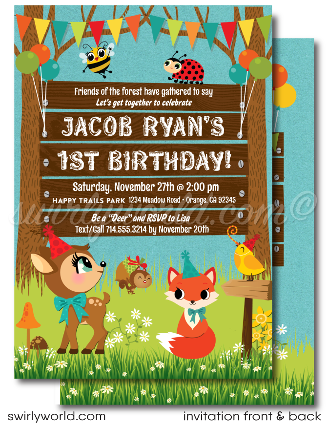 Dive into enchantment with our Woodland Forest Theme 1st Birthday Party Invitation Bundle. Featuring retro-inspired baby forest animals and festive elements, this gender-neutral set includes invitations, thank you cards, and envelopes. Perfect for a magical, nature-themed celebration of your little one's first year.