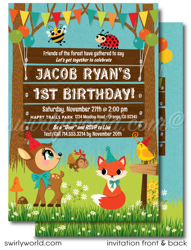 Rustic Woodland Baby Forest Animals First Birthday Party Invitation for Boys or Girls