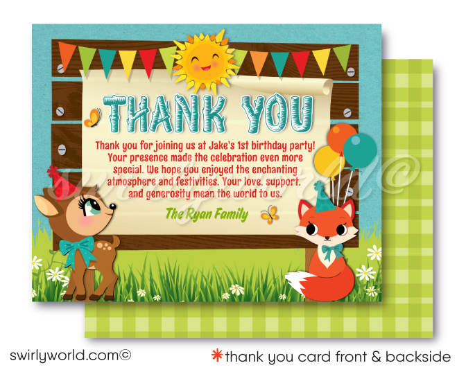 Rustic Woodland Baby Forest Animals First Birthday Party Invitation thank you card Digital Download