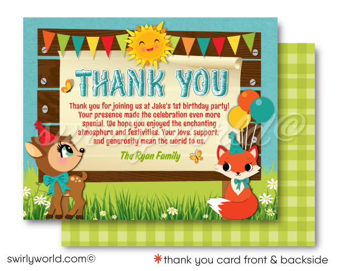 Welcome to a world of whimsy with our Retro Kitschy Forest Friends 1st Birthday Invitation Set. Featuring adorable baby forest animals and rustic charm, this gender-neutral set includes high-quality invitations, thank you cards, and envelopes. Perfect for a magical celebration of your little one's milestone year.
