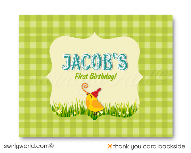 Rustic Woodland Baby Forest Animals First Birthday Party Invitation thank you cards for Boys or Girls