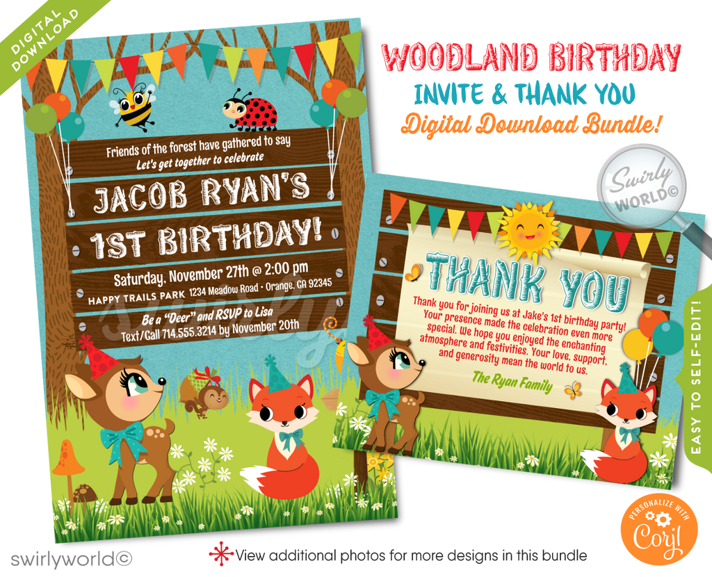 Rustic Woodland Baby Forest Animals First Birthday Party Invitation Digital Download