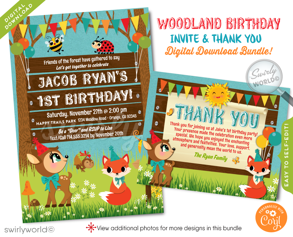 Dive into enchantment with our Woodland Forest Theme 1st Birthday Party Invitation Bundle. Featuring retro-inspired baby forest animals and festive elements, this gender-neutral set includes invitations, thank you cards, and envelopes. Perfect for a magical, nature-themed celebration of your little one's first year.