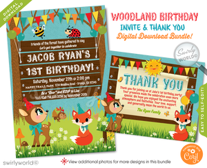 Dive into enchantment with our Woodland Forest Theme 1st Birthday Party Invitation Bundle. Featuring retro-inspired baby forest animals and festive elements, this gender-neutral set includes invitations, thank you cards, and envelopes. Perfect for a magical, nature-themed celebration of your little one's first year.