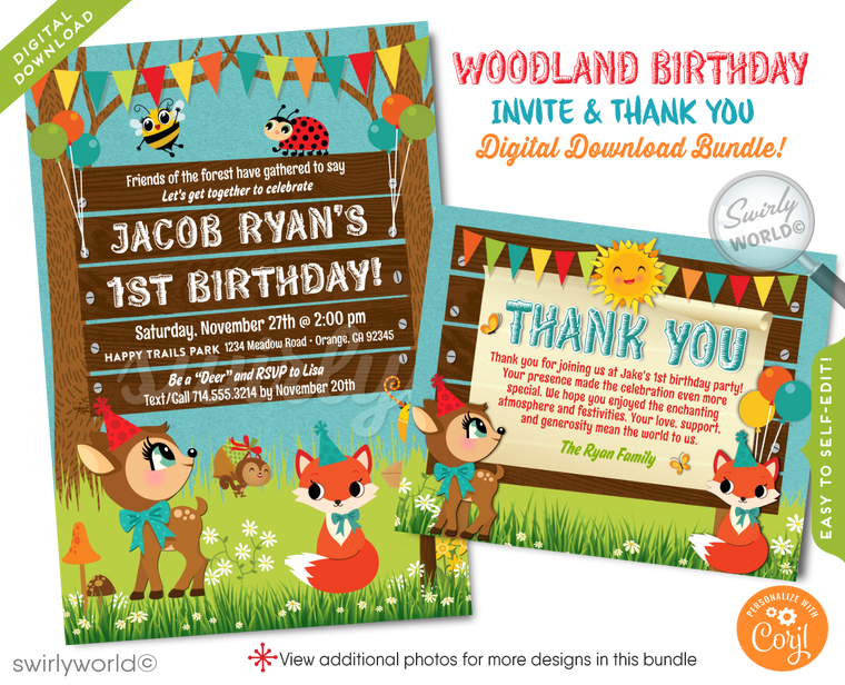 Rustic Woodland Baby Forest Animals First Birthday Party Invitation Digital Download