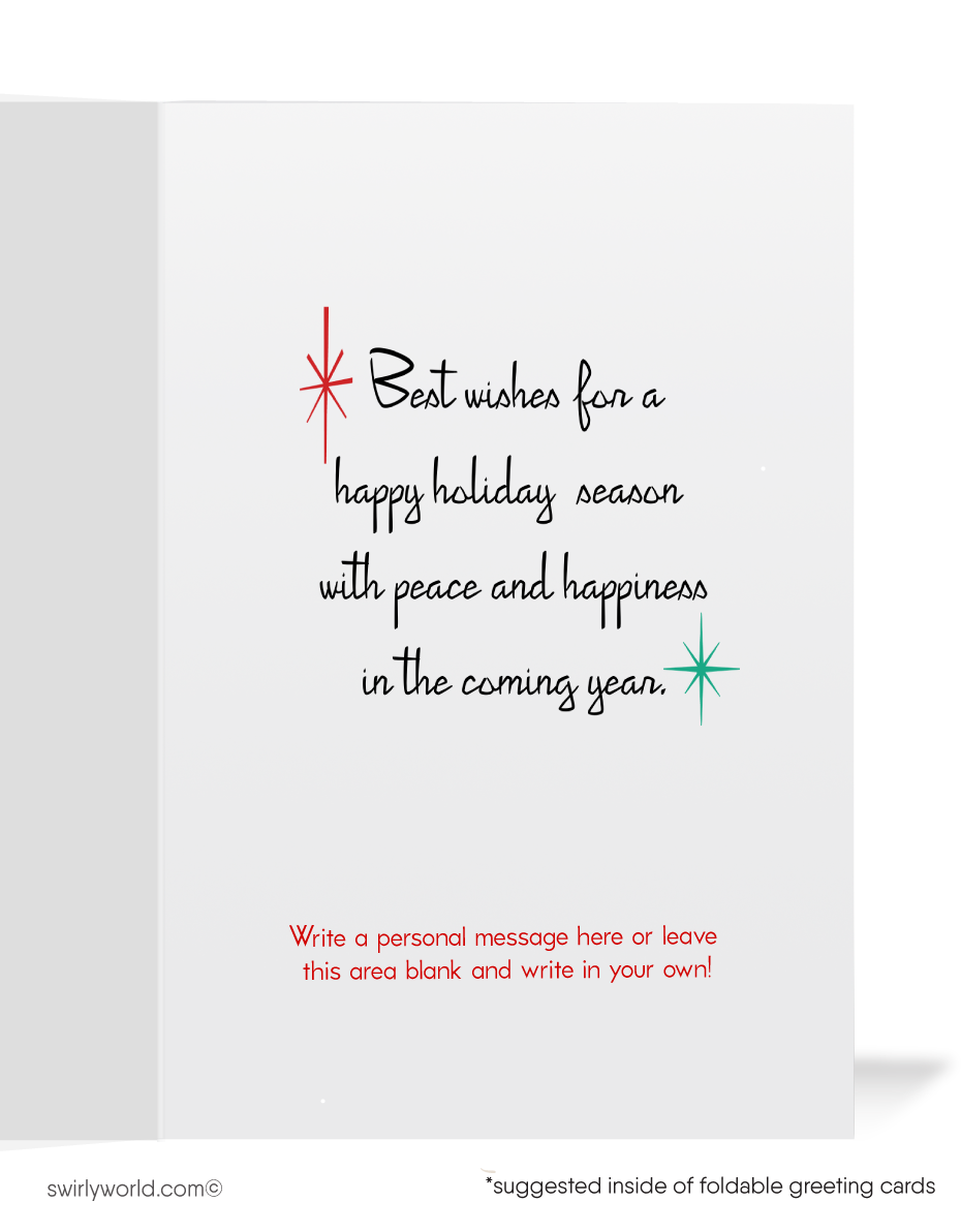 Elevate your holiday greetings with our Mid-Century Modern Holiday Christmas Card! This MCM masterpiece showcases a stylish Eichler style home perched high on a cliff, as Santa and his reindeer take flight beneath a starlit night sky.