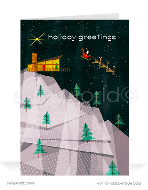 Elevate your holiday greetings with our Mid-Century Modern Holiday Christmas Card! This MCM masterpiece showcases a stylish Eichler style home perched high on a cliff, as Santa and his reindeer take flight beneath a starlit night sky.
