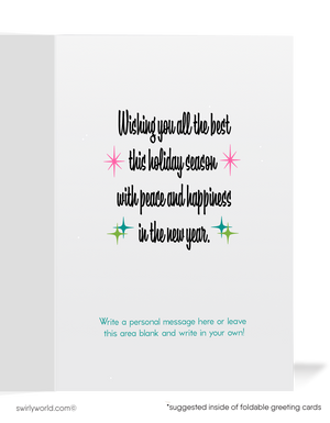 Vintage Mid-Century Christmas Holiday Card – White & Gold Sleigh with Gifts and Tree