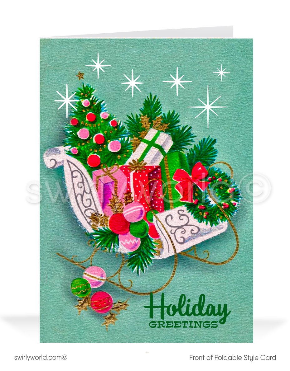 Celebrate the season with retro charm! Mid-century holiday card featuring a white and gold sleigh, gifts, and tree with atomic starbursts. Customizable & elegant.