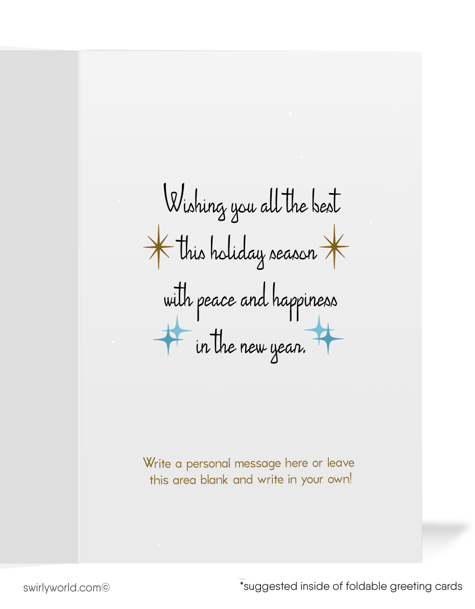 Send holiday cheer with retro charm! Mid-century style card featuring whimsical 1950s snowflakes on a powder blue backdrop. Customizable and premium quality.