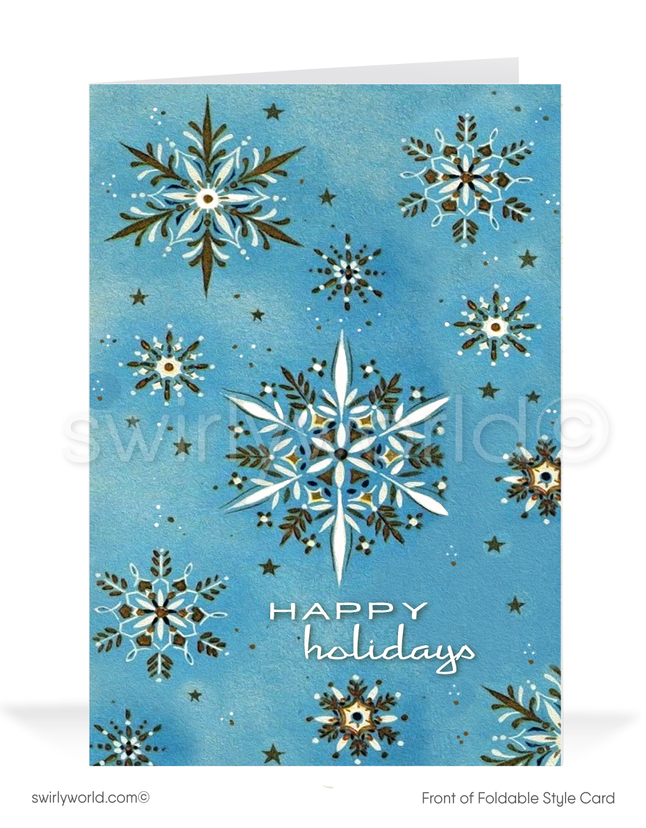 Send holiday cheer with retro charm! Mid-century style card featuring whimsical 1950s snowflakes on a powder blue backdrop. Customizable and premium quality.
