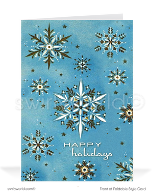 Send holiday cheer with retro charm! Mid-century style card featuring whimsical 1950s snowflakes on a powder blue backdrop. Customizable and premium quality.
