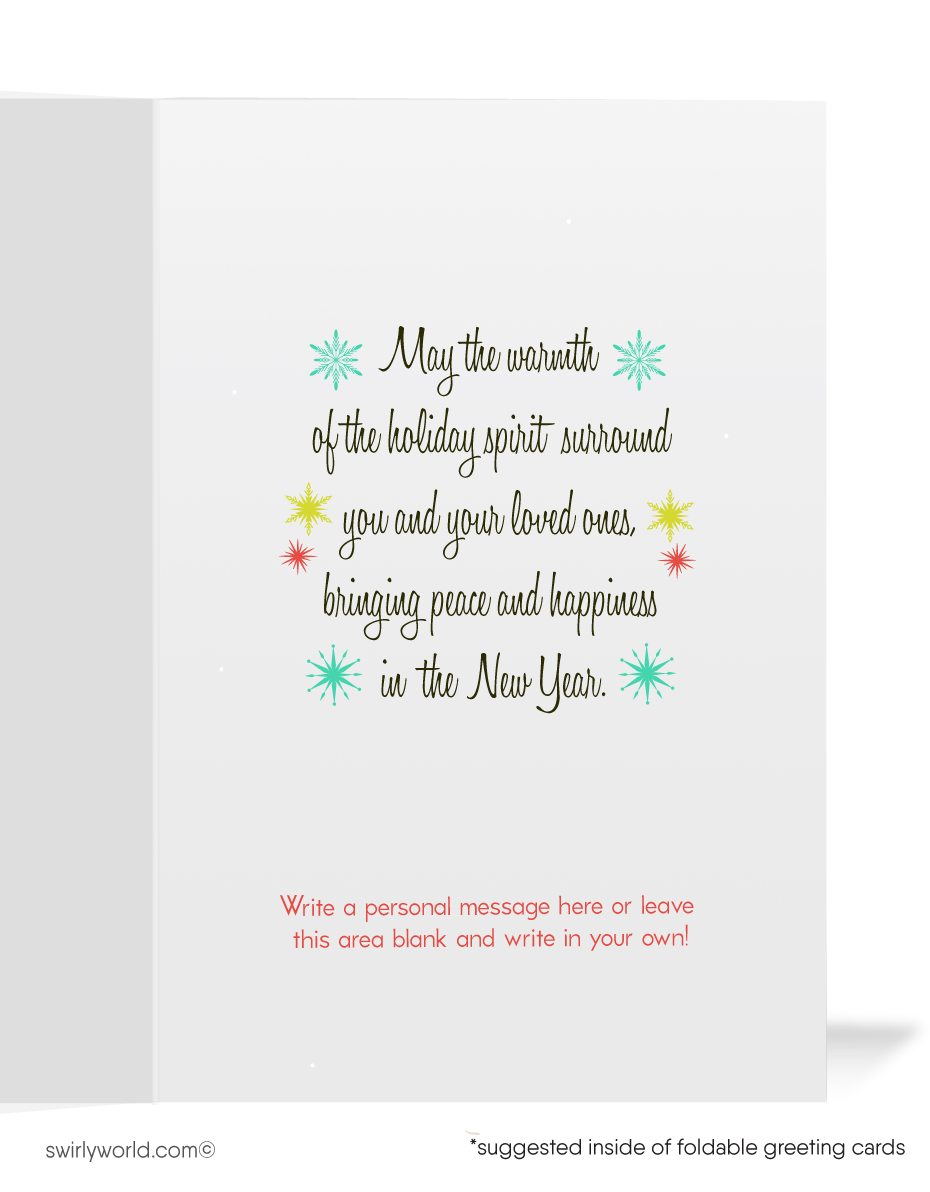 Retro 1950s Mid-Century Modern Holiday Cards - Kitschy Santa and Reindeer with Atomic Starbursts