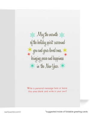 Retro 1950s Mid-Century Modern Holiday Cards - Kitschy Santa and Reindeer with Atomic Starbursts