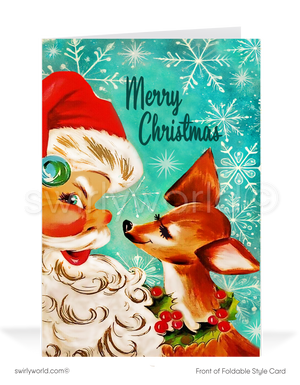 Retro 1950s Mid-Century Modern Holiday Cards - Kitschy Santa and Reindeer with Atomic Starbursts