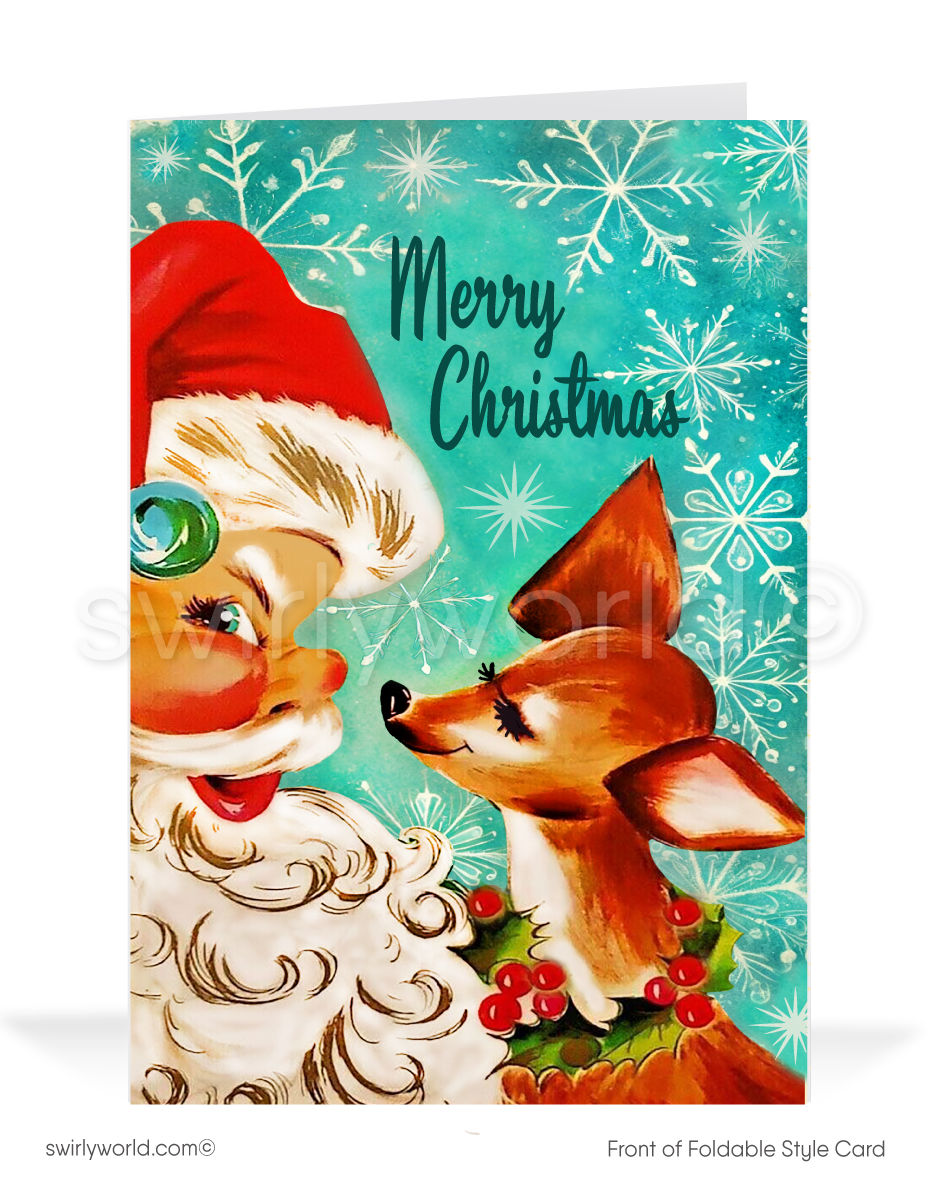 Mid Century Holiday Cards – Retro Christmas Cards with Kitschy Santa & Atomic Starburst Design