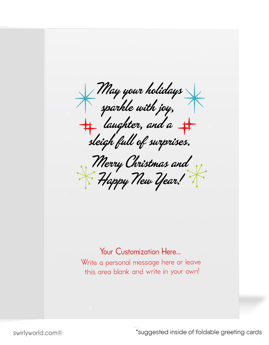 Vintage Mid-Century Christmas Card - Atomic-Style Santa with Retro Starbursts