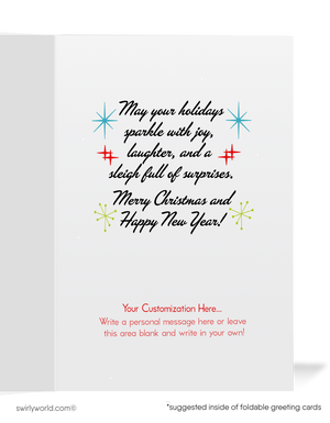 1950s Vintage Mid-Century Christmas Card - Atomic-Style Santa with Retro Starbursts