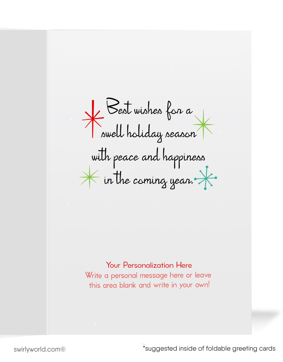 Vintage Mid-Century Christmas Cards - Kitschy 1950s Santa with Atomic Starbursts