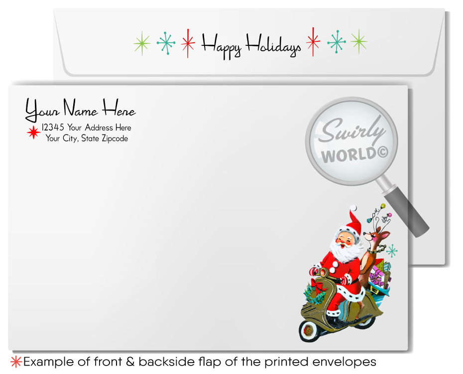 Vintage Mid-Century Christmas Cards - Kitschy 1950s Santa with Atomic Starbursts
