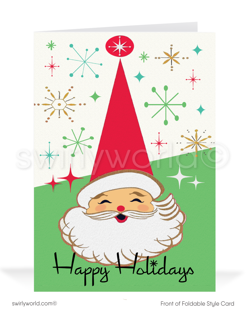 Vintage Mid-Century Christmas Cards - Kitschy 1950s Santa with Atomic Starbursts