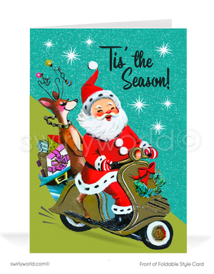 Send festive cheer with our retro mid-century holiday cards! Featuring a kitschy 1950s vintage Santa on a Vespa, atomic starbursts, and custom message options. 
