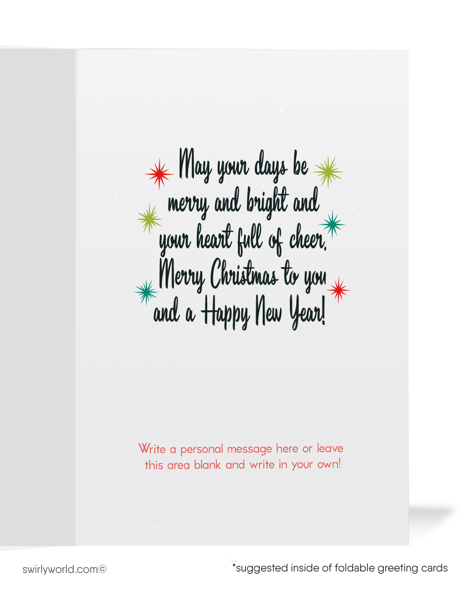 Send festive cheer with our retro mid-century holiday cards! Featuring a kitschy 1950s vintage Santa on a Vespa, atomic starbursts, and custom message options. 
