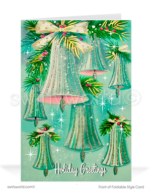 1950s Vintage Atomic Christmas Cards - Pink & Blue Ornament Bells with Starbursts on Powder Blue