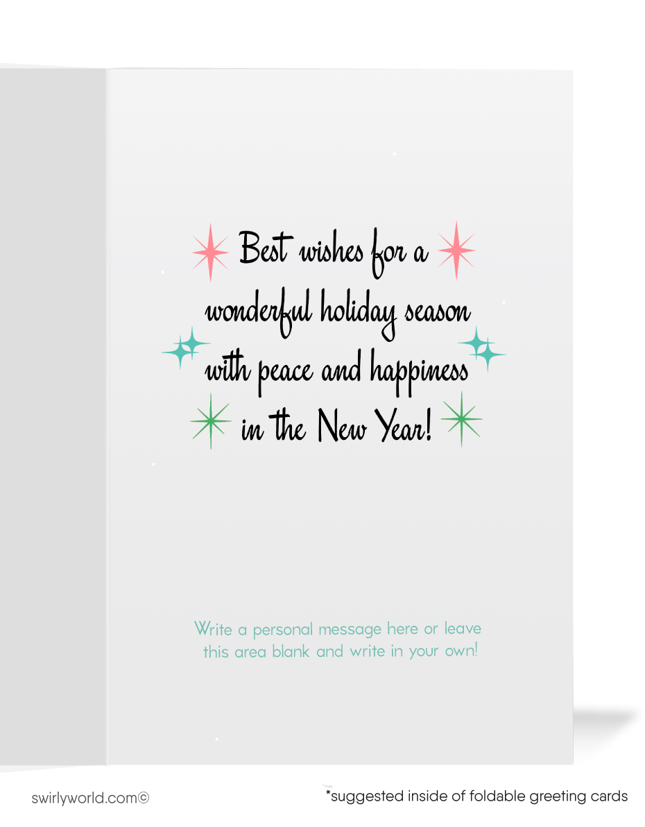 1950s Vintage Atomic Christmas Cards - Pink & Blue Ornament Bells with Starbursts on Powder Blue