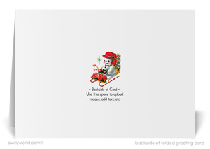 Vintage Mid-Century Christmas Card – 1950s Snowman with "Season’s Greetings" in Atomic Forest