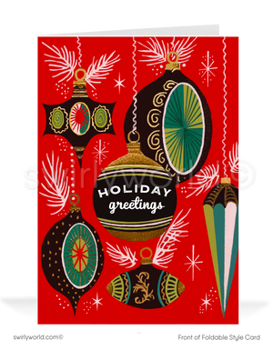 Vintage Mid-Century Christmas Card – 1960s Hand-Blown Ornaments with Atomic Starbursts, Customizable Holiday Greeting