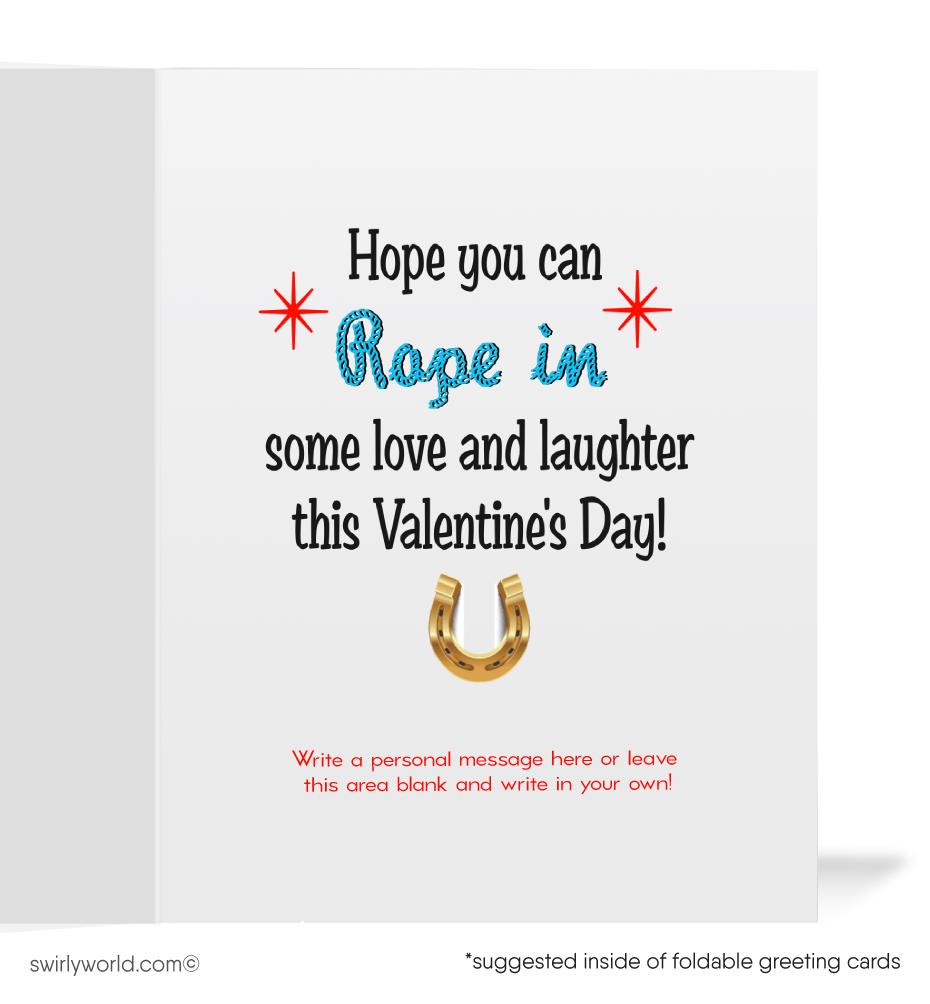 Shop 1940s-1950s kitschy Valentine’s cards! Featuring a retro cowboy and cowgirl lassoing a heart with starburst accents. Perfect for sharing Valentine’s Day cheer!