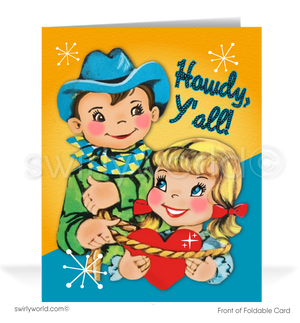 Shop 1940s-1950s kitschy Valentine’s cards! Featuring a retro cowboy and cowgirl lassoing a heart with starburst accents. Perfect for sharing Valentine’s Day cheer!