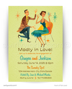 Celebrate in retro style with mid-century modern engagement invitations featuring atomic starbursts, vintage fonts, and a customizable “Madly in Love” design.