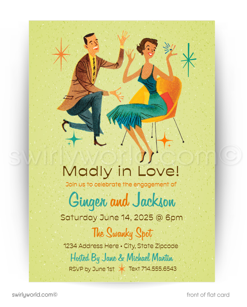 Retro "Mad Men" digital engagement invitation with atomic flair. Personalize instantly on Corjl. Vintage fonts, MCM art, and custom bride options included!