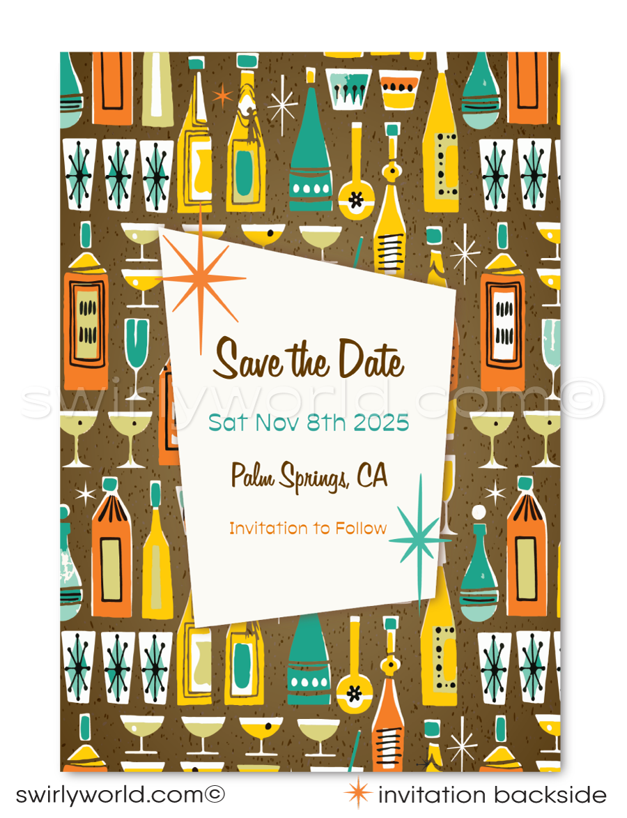 Celebrate in retro style with mid-century modern engagement invitations featuring atomic starbursts, vintage fonts, and a customizable “Madly in Love” design.