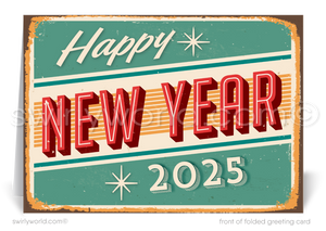 Retro Mid-Century Modern Happy New Year Card with Vintage Metal Sign Design and Atomic Starbursts