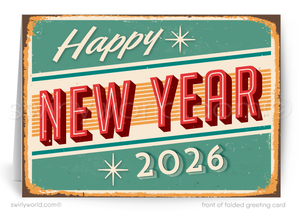 Vintage-style 'Happy New Year 2026' sign with retro design elements.