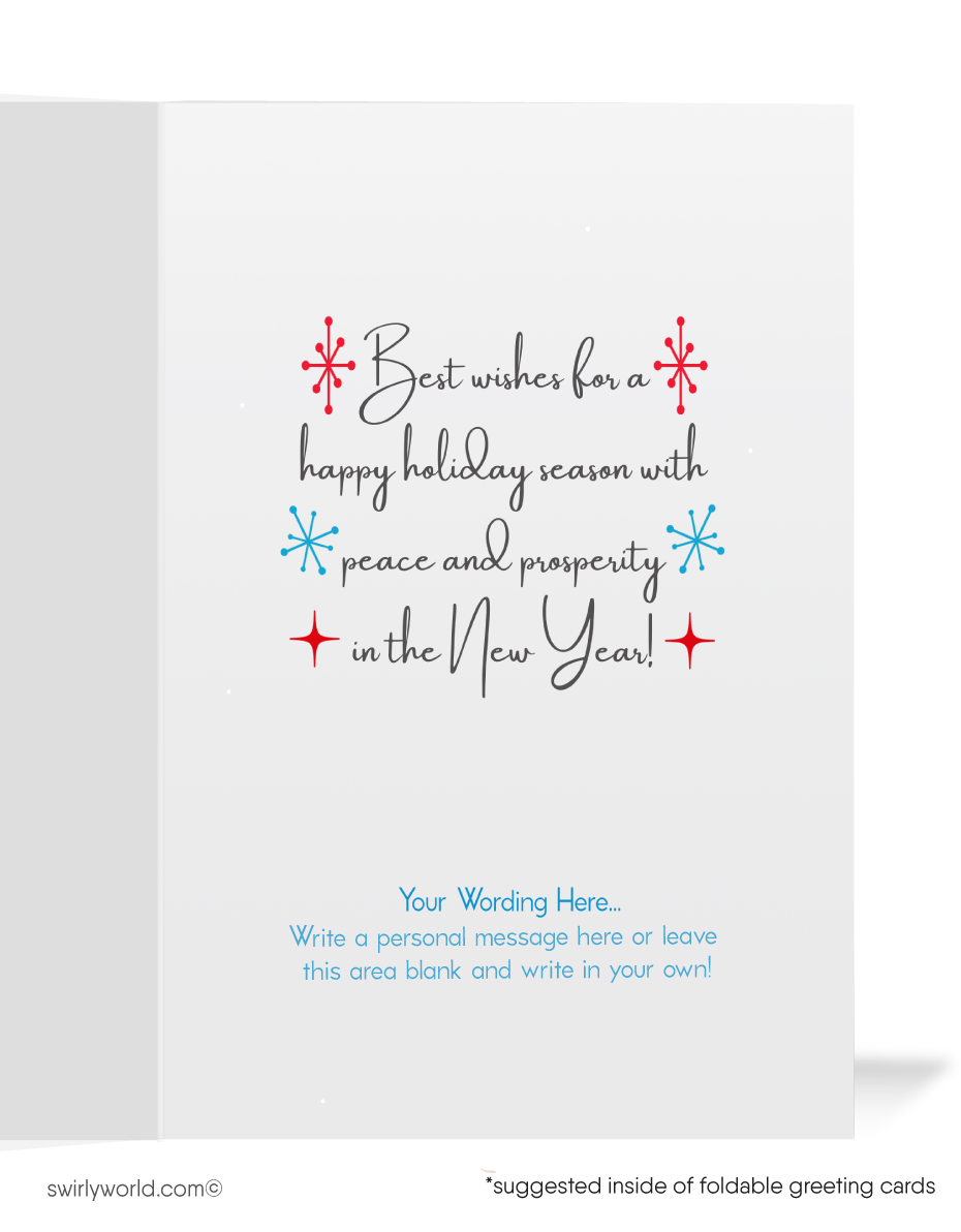 Vintage Mid-Century Christmas Card - Retro 1960s Atomic Ornaments in Red, White, and Blue with Starbursts