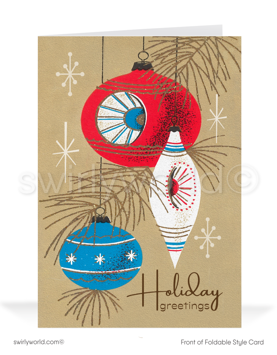 Vintage Mid-Century Christmas Card - Retro 1960s Atomic Ornaments in Red, White, and Blue with Starbursts
