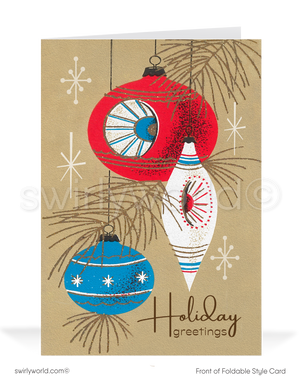 Vintage Mid-Century Christmas Card - Retro 1960s Atomic Ornaments in Red, White, and Blue with Starbursts
