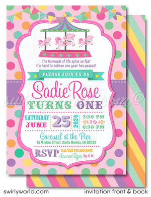 Step right up to a whimsical celebration with our Retro Vintage Carousel Party Invitation Digital Bundle. Designed for your daughter's first birthday, this set features ornate pink carousel horses, a pastel palette, and nostalgic carnival motifs. Includes customizable invites, thank you cards, and envelopes.