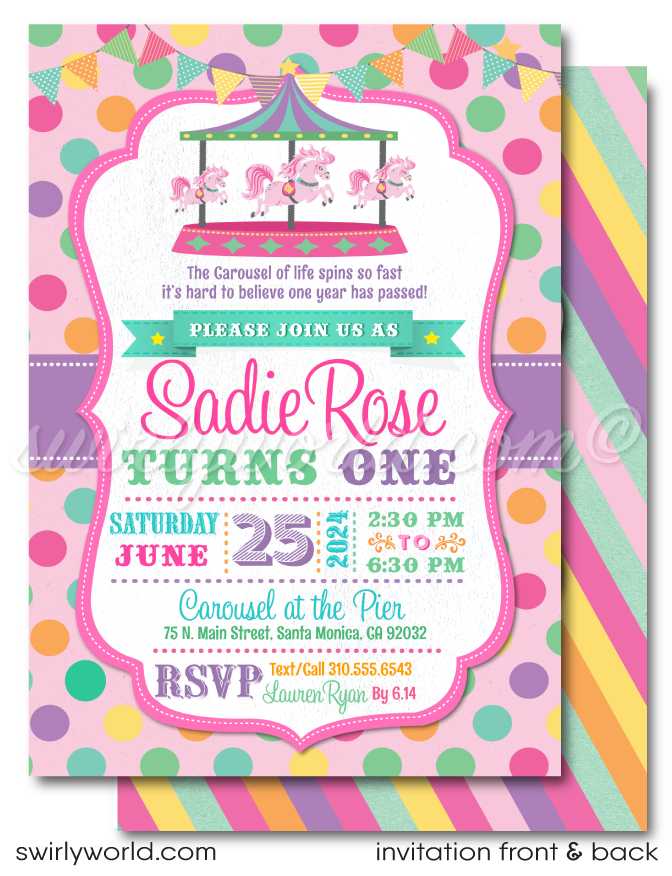 Pastel Retro Vintage Carousel Carnival Girl's First 1st Birthday Invitation Digital Download