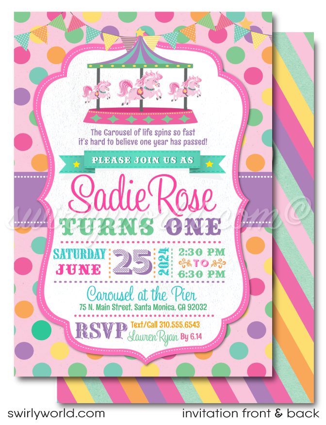 Vintage Pastel Carousel Carnival Merry-Go-Round Printed 1st Birthday Invites for Girls