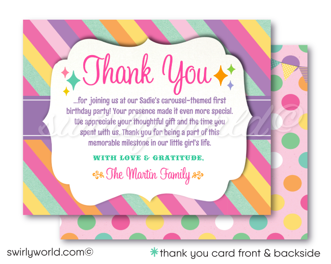 Pastel Retro Vintage Carousel Carnival Girl's First 1st Birthday thank you Digital Download