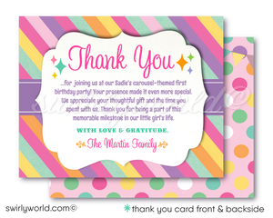 Step right up to a whimsical celebration with our Retro Vintage Carousel Party Invitation Digital Bundle. Designed for your daughter's first birthday, this set features ornate pink carousel horses, a pastel palette, and nostalgic carnival motifs. Includes customizable invites, thank you cards, and envelopes.