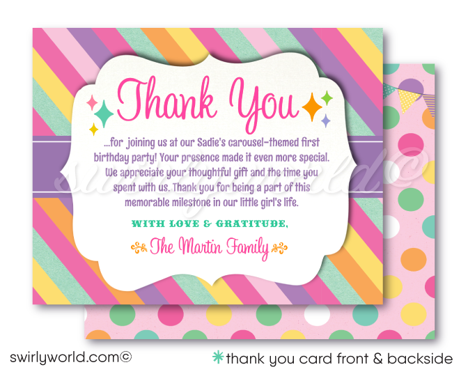 Vintage Pastel Carousel Carnival Merry-Go-Round Printed 1st Birthday Invites for Girls