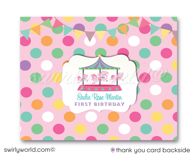 Vintage Pastel Carousel Carnival Merry-Go-Round Printed 1st Birthday Invites for Girls
