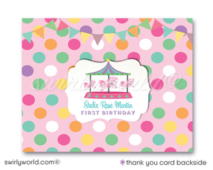 Vintage Pastel Carousel Carnival Merry-Go-Round Printed 1st Birthday Invites for Girls
